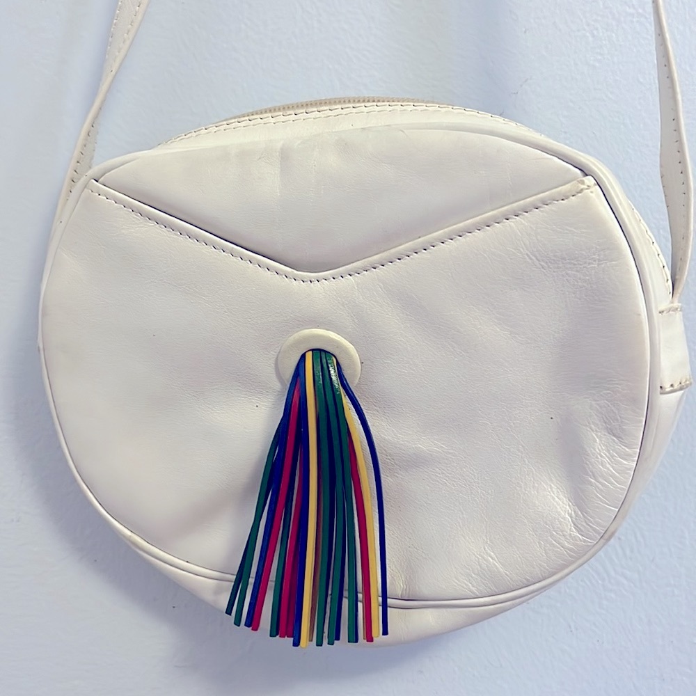 Vintage White Leather Circle Bag Colorful Tassel Unique
